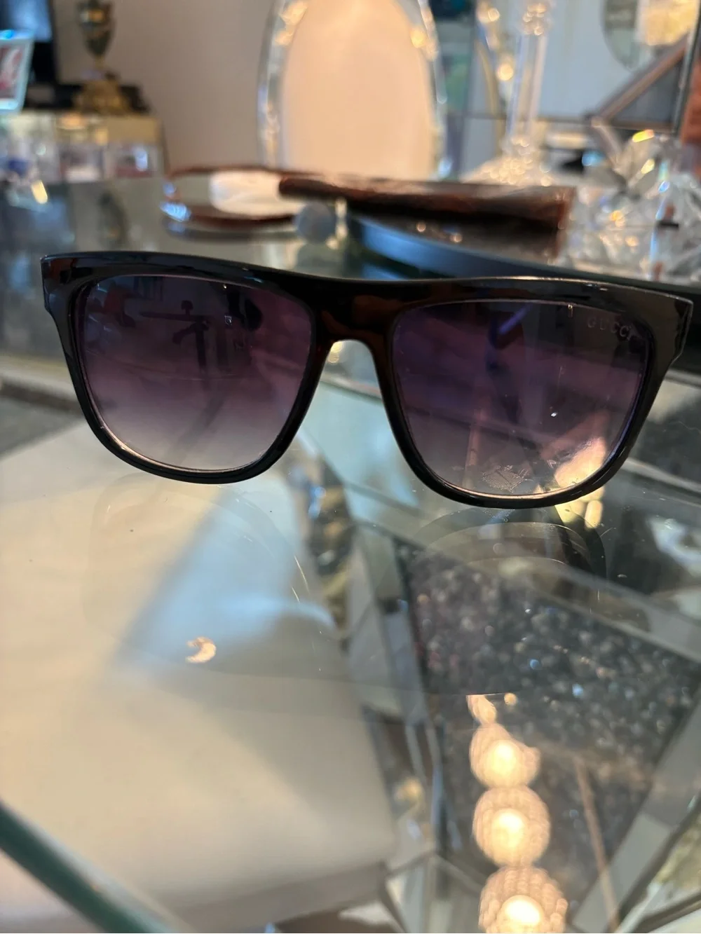 Gucci Black Sunglasses with Gold-Tone GG and Green-Red Web